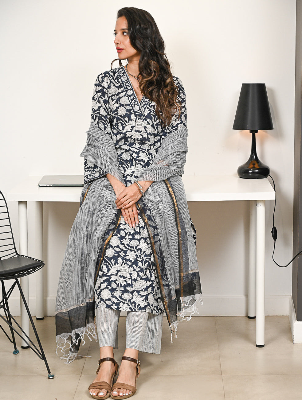 Work Chic. Hand Block Printed Bagru Kurta Set - Navy Flora (3 pc set)
