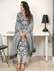 Work Chic. Hand Block Printed Bagru Kurta Set - Navy Flora (3 pc set)