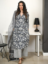 Work Chic. Hand Block Printed Bagru Kurta Set - Navy Flora (3 pc set)