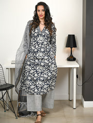 Work Chic. Hand Block Printed Bagru Kurta Set - Navy Flora (3 pc set)