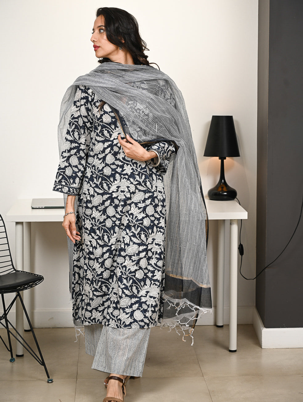 Work Chic. Hand Block Printed Bagru Kurta Set - Navy Flora (3 pc set)
