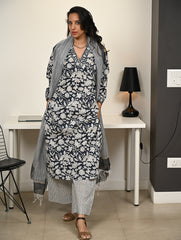 Work Chic. Hand Block Printed Bagru Kurta Set - Navy Flora (3 pc set)
