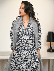Work Chic. Hand Block Printed Bagru Kurta Set - Navy Flora (3 pc set)