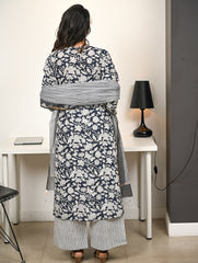 Work Chic. Hand Block Printed Bagru Kurta Set - Navy Flora (3 pc set)