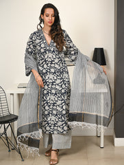 Work Chic. Hand Block Printed Bagru Kurta Set - Navy Flora (3 pc set)