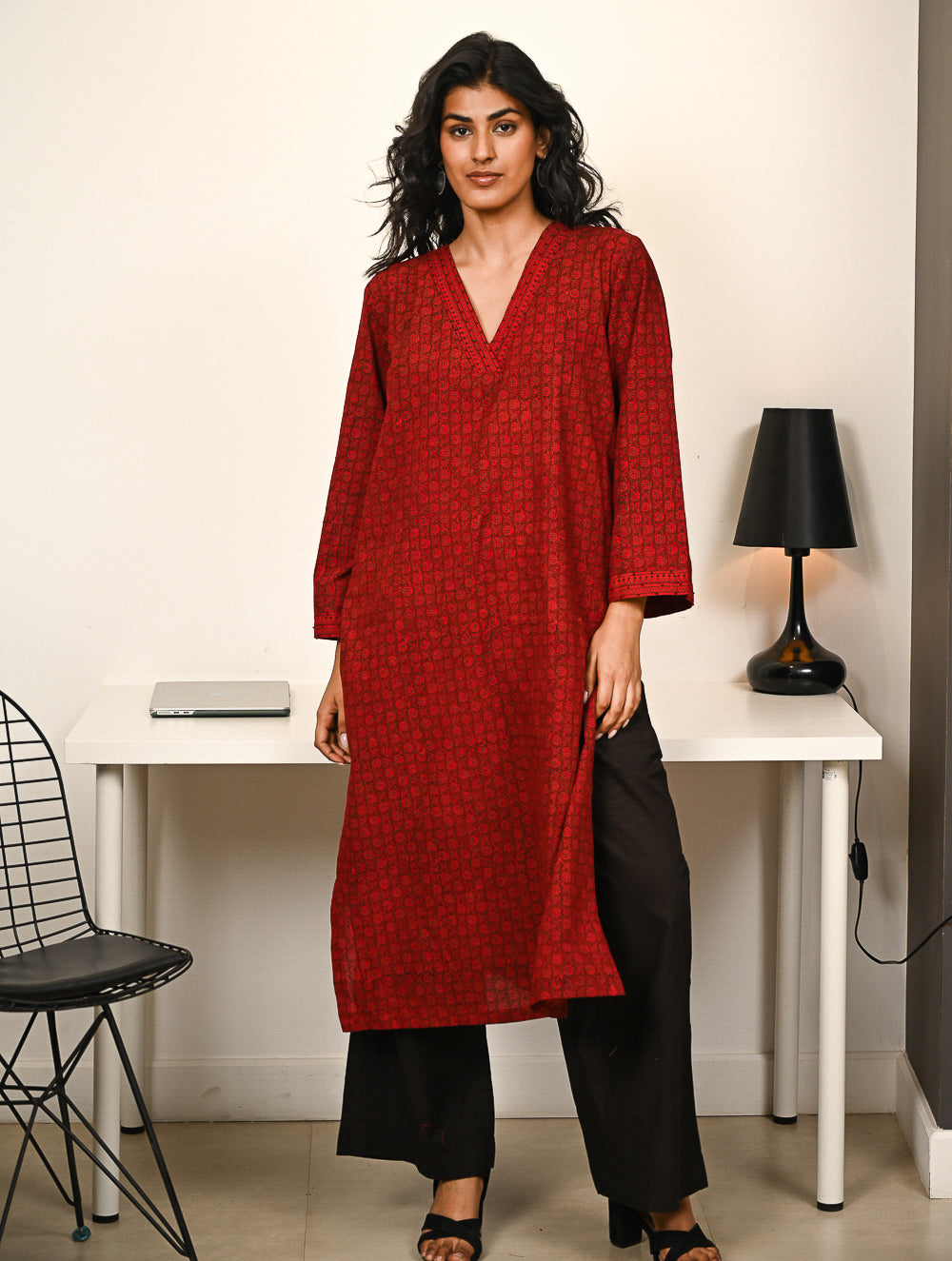 Work Chic. Exclusive Bagh Hand Block Printed Loose Fit Kurta Set - Red Motifs (2 pc set)