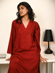 Work Chic. Exclusive Bagh Hand Block Printed Loose Fit Kurta Set - Red Motifs (2 pc set)