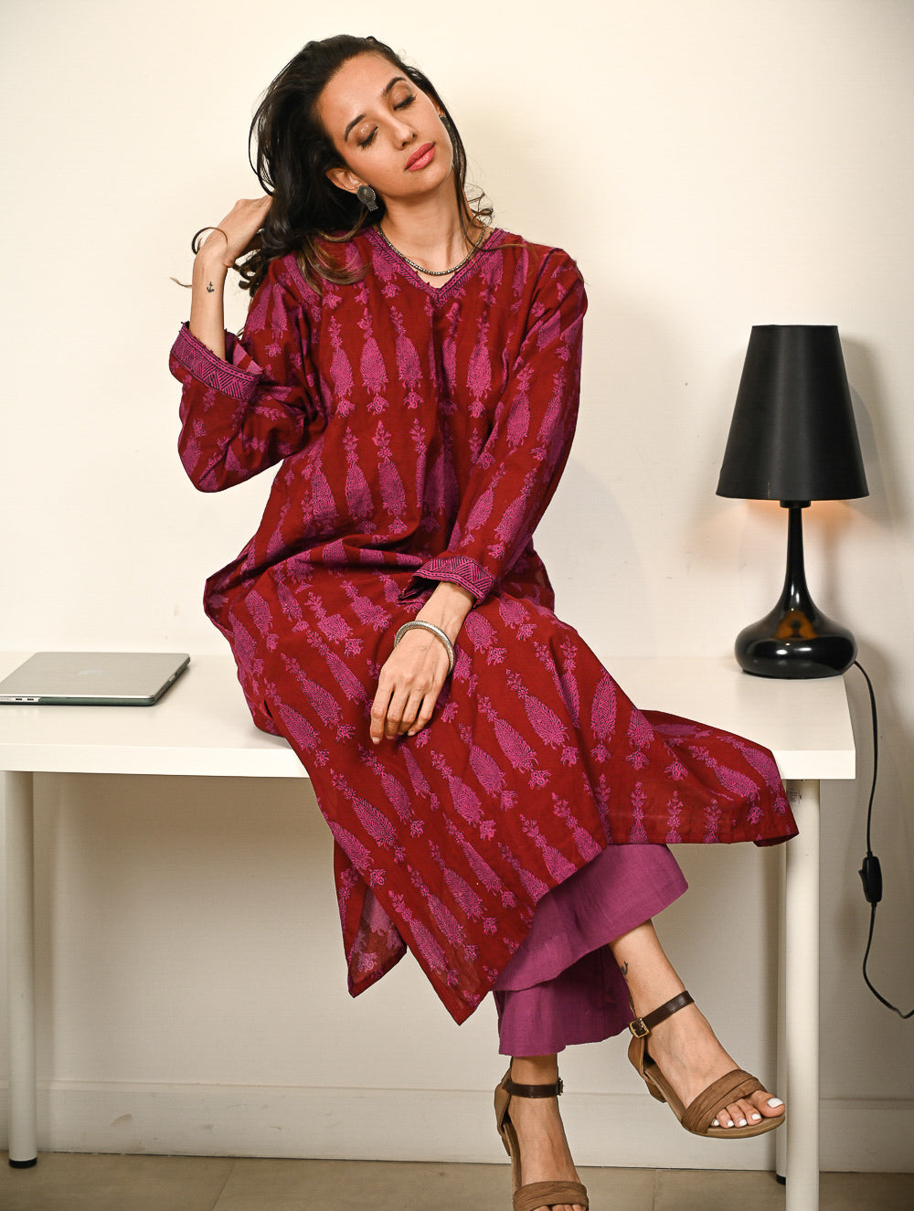 Work Chic. Exclusive Bagh Hand Block Printed Phiran Kurta Set - Maroon & Mauve Paisley (2 pc set)