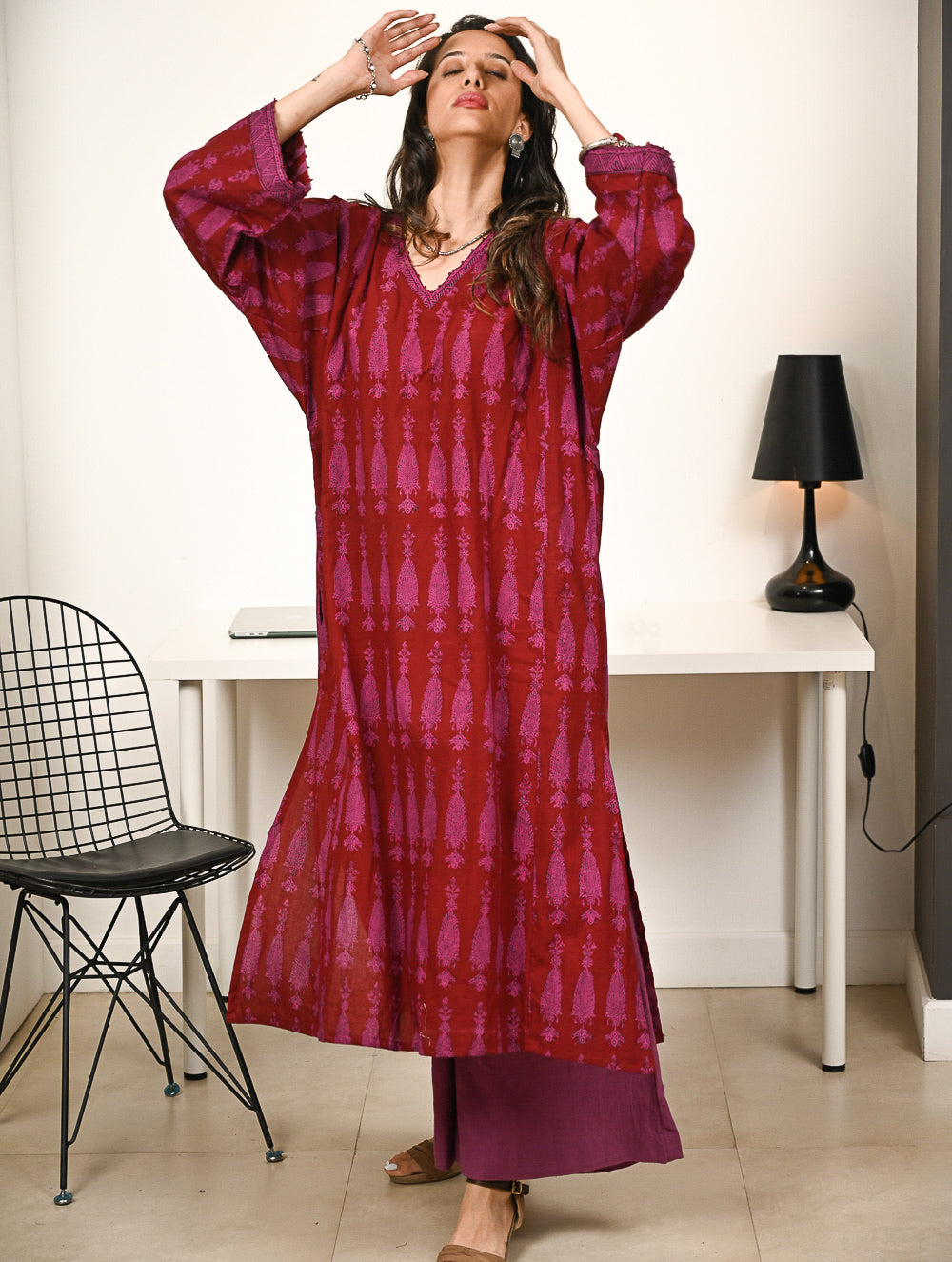 Work Chic. Exclusive Bagh Hand Block Printed Phiran Kurta Set - Maroon & Mauve Paisley (2 pc set)