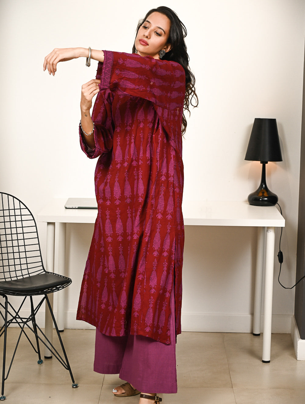 Work Chic. Exclusive Bagh Hand Block Printed Phiran Kurta Set - Maroon & Mauve Paisley (2 pc set)