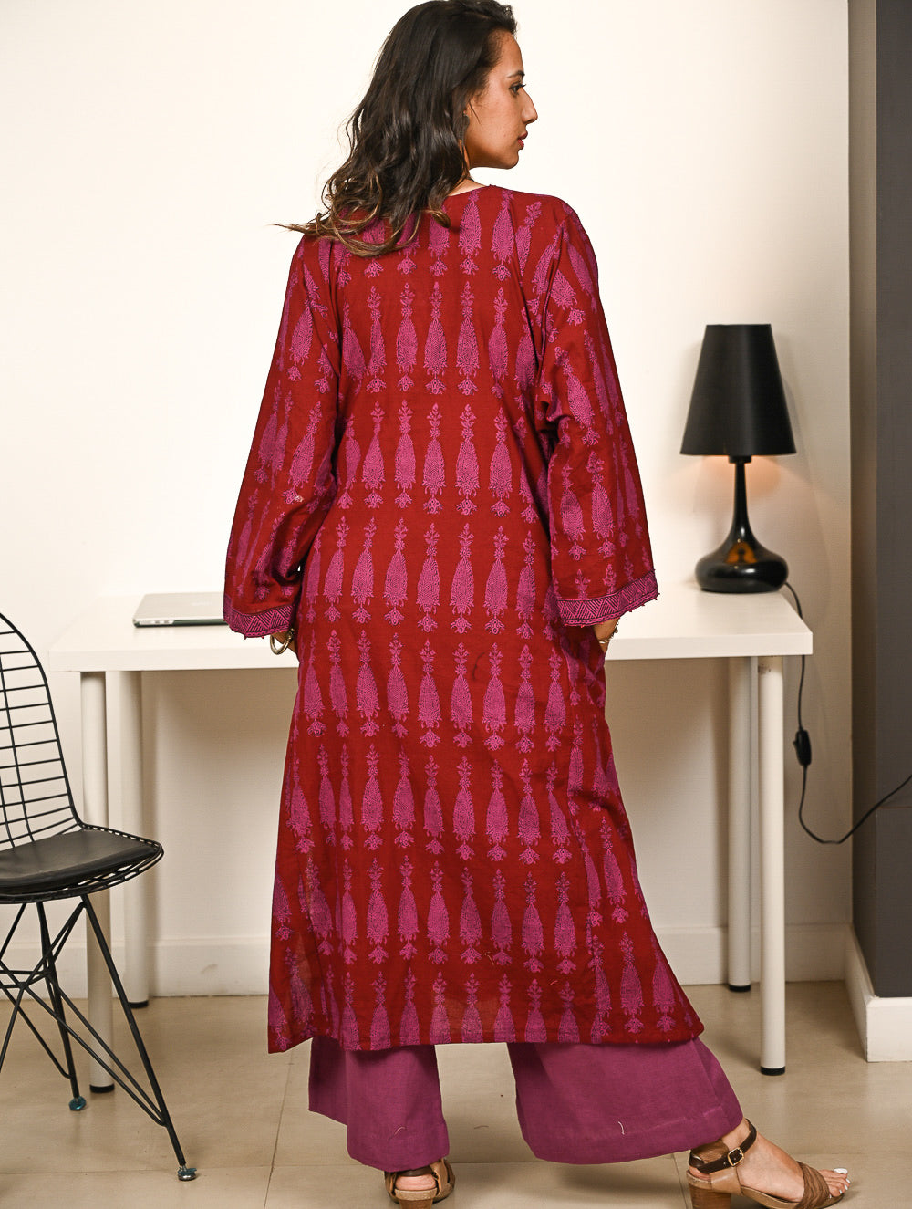 Work Chic. Exclusive Bagh Hand Block Printed Phiran Kurta Set - Maroon & Mauve Paisley (2 pc set)