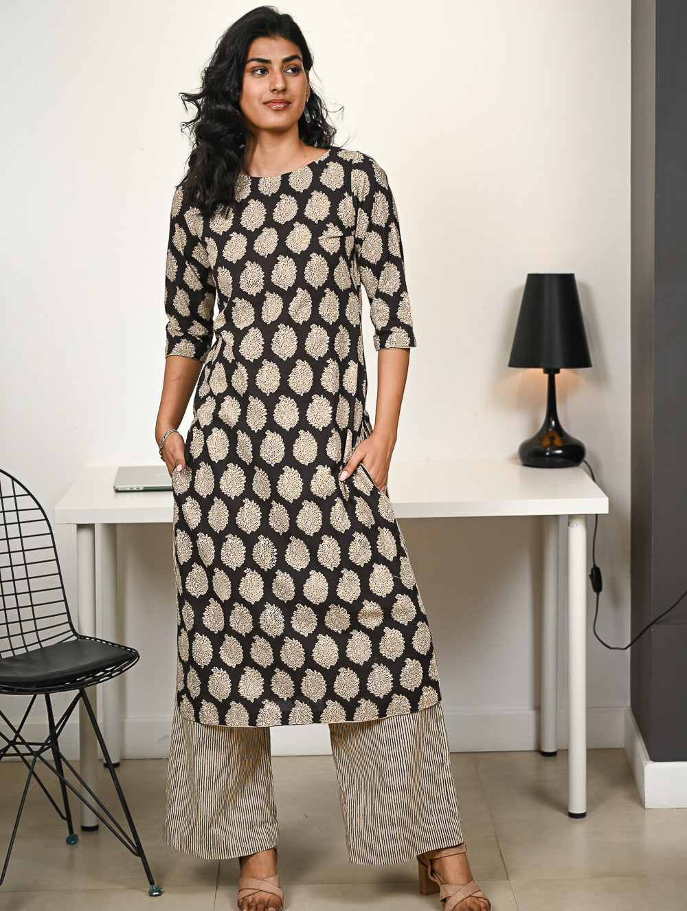 Work Chic. Hand Block Printed Bagru Kurta Set - Black Paisley (2 pc set)