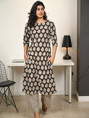 Work Chic. Hand Block Printed Bagru Kurta Set - Black Paisley (2 pc set)