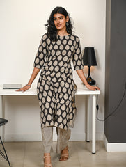 Work Chic. Hand Block Printed Bagru Kurta Set - Black Paisley (2 pc set)