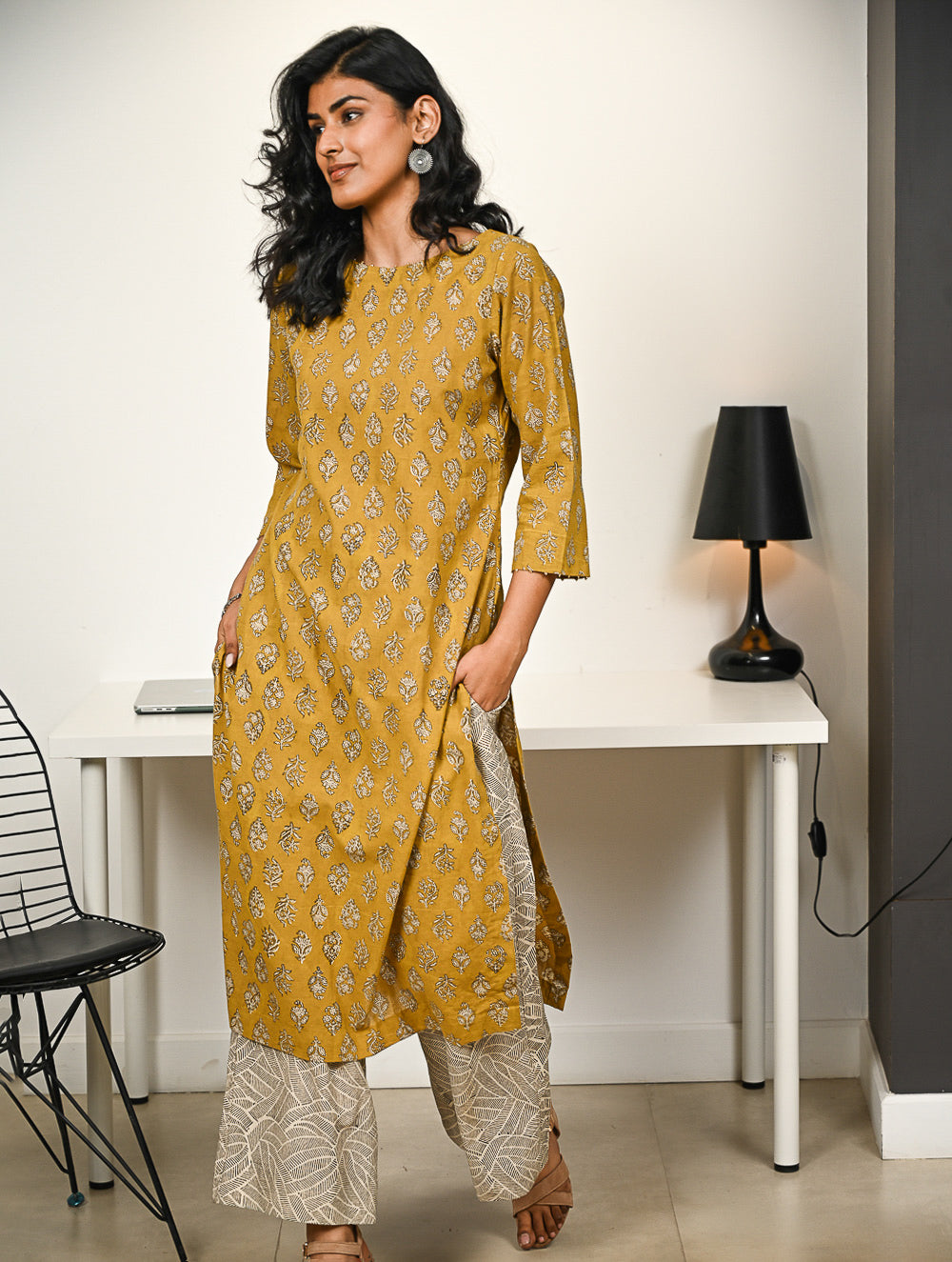 Work Chic. Hand Block Printed Bagru Kurta Set - Mustard Florets (2 pc set)