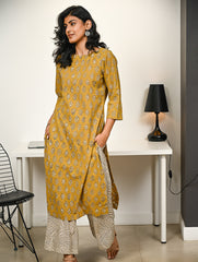 Work Chic. Hand Block Printed Bagru Kurta Set - Mustard Florets (2 pc set)