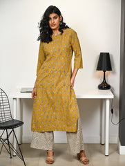 Work Chic. Hand Block Printed Bagru Kurta Set - Mustard Florets (2 pc set)