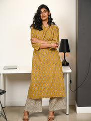 Work Chic. Hand Block Printed Bagru Kurta Set - Mustard Florets (2 pc set)