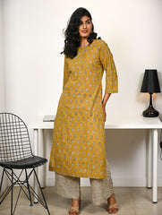 Work Chic. Hand Block Printed Bagru Kurta Set - Mustard Florets (2 pc set)