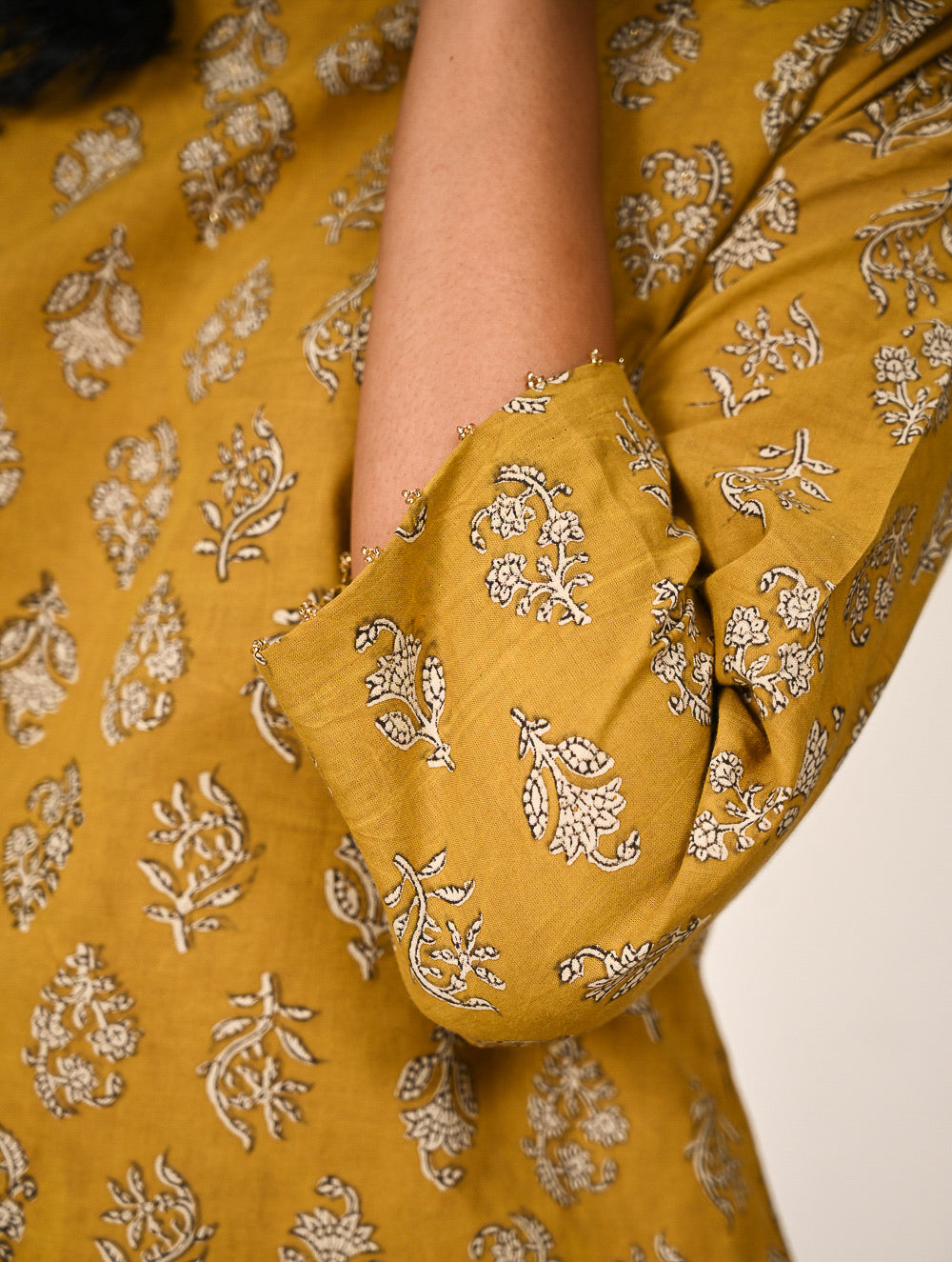 Work Chic. Hand Block Printed Bagru Kurta Set - Mustard Florets (2 pc set)