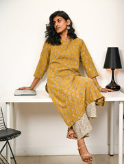 Work Chic. Hand Block Printed Bagru Kurta Set - Mustard Florets (2 pc set)