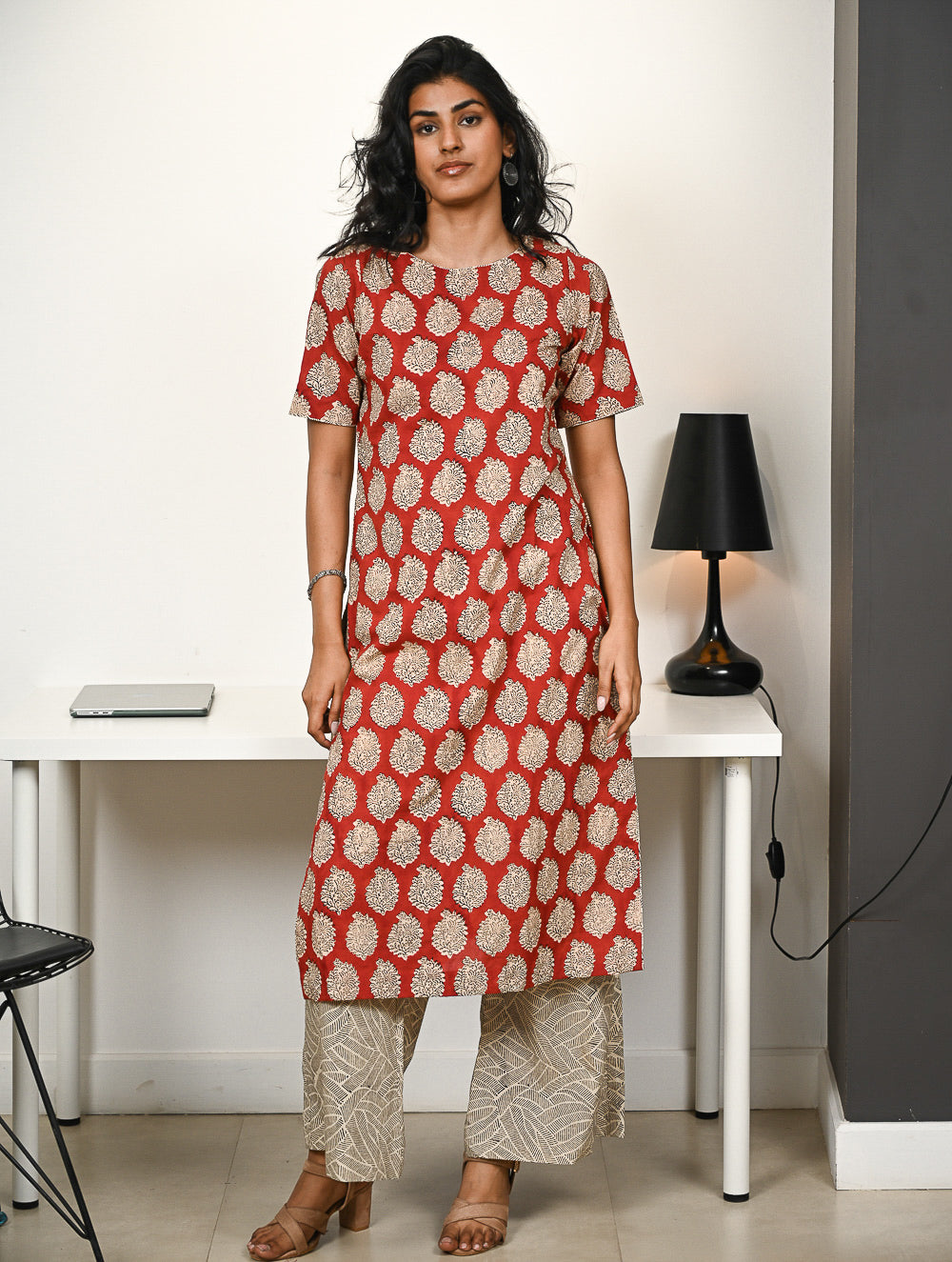 Work Chic. Hand Block Printed Bagru Kurta Set - Red Paisley (2 pc set)