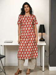 Work Chic. Hand Block Printed Bagru Kurta Set - Red Paisley (2 pc set)