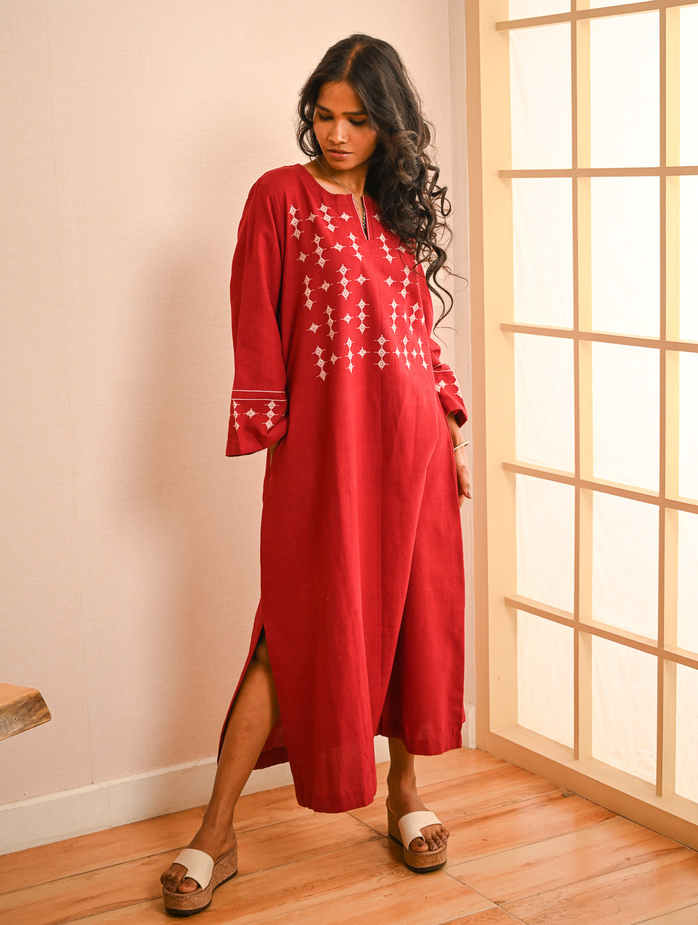 Cool Casuals. Handwoven Kashida Pattu Kaftan Dress - Wine Tales