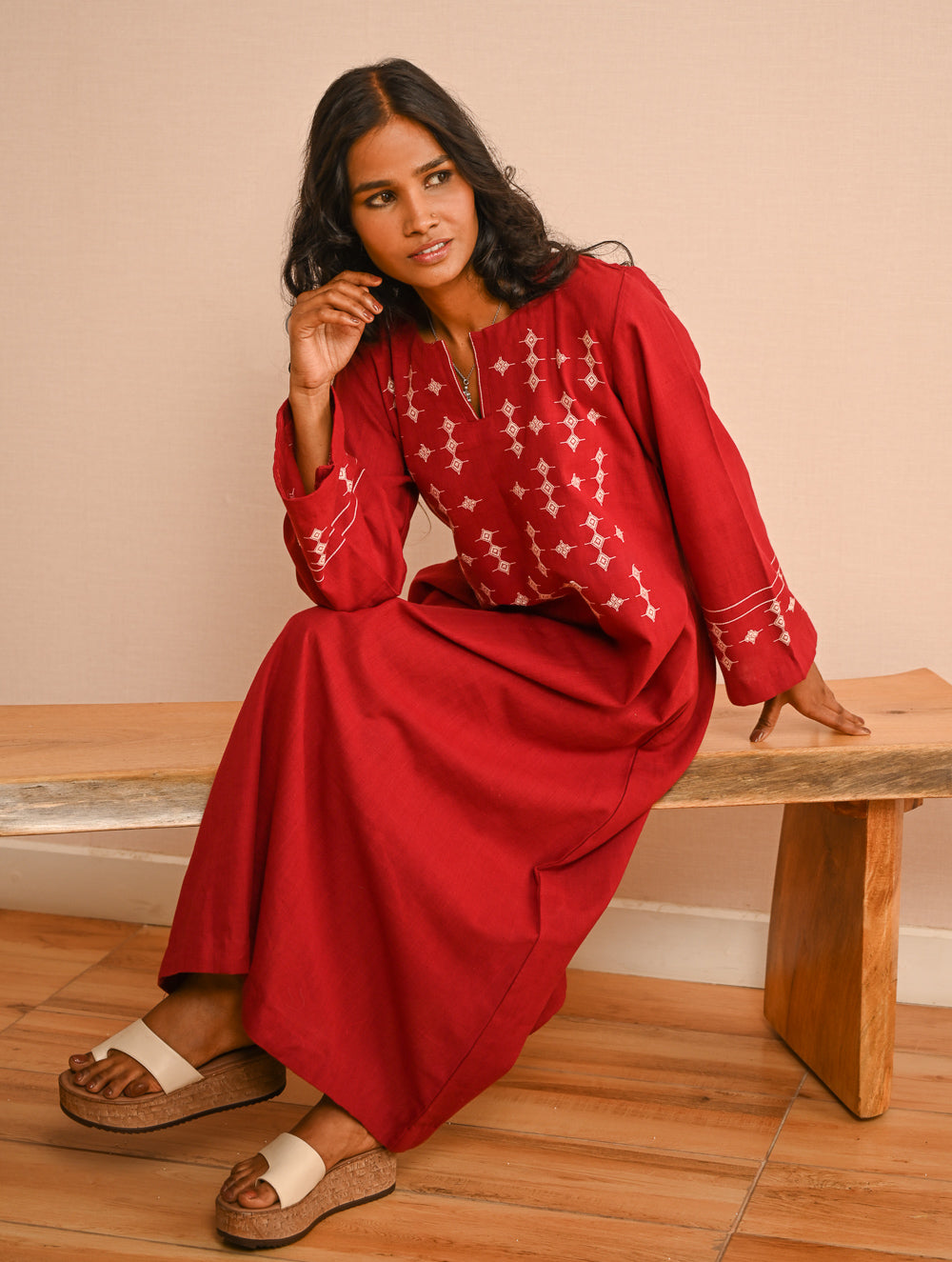 Cool Casuals. Handwoven Kashida Pattu Kaftan Dress - Wine Tales