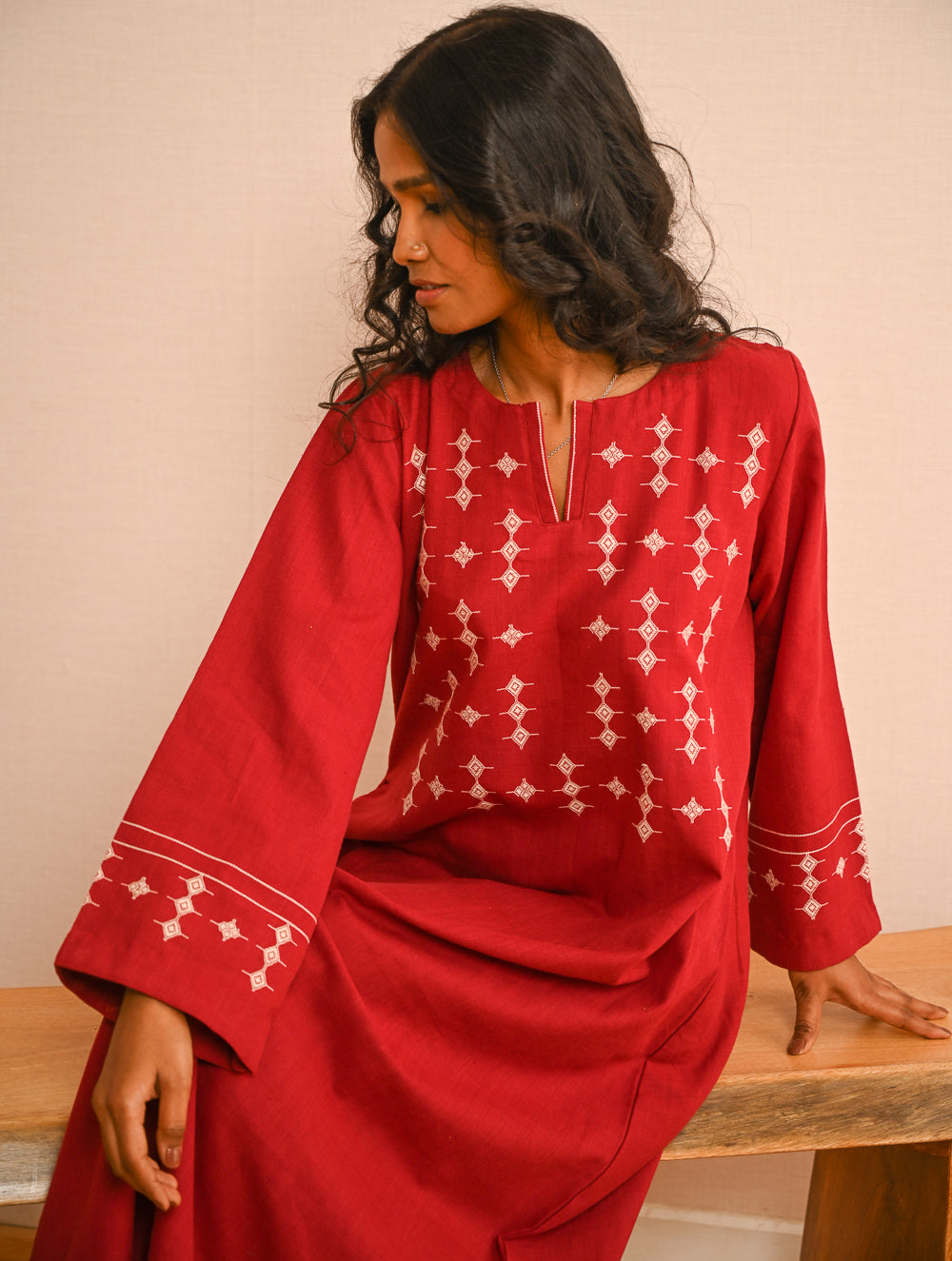 Cool Casuals. Handwoven Kashida Pattu Kaftan Dress - Wine Tales