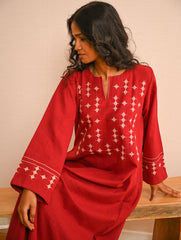 Cool Casuals. Handwoven Kashida Pattu Kaftan Dress - Wine Tales