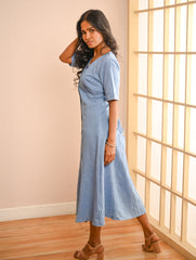 Work Chic. Handwoven Kala Cotton Buttoned Dress - Blue Skies