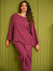 Cool Casuals. Hand Woven Kala Cotton Loose Fit Pants Set - Plum Vibes (Set of 2)