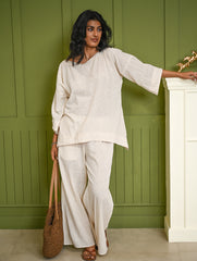 Cool Casuals. Hand Woven Kala Cotton Loose Fit Pants Set - Cream Vibes (Set of 2)