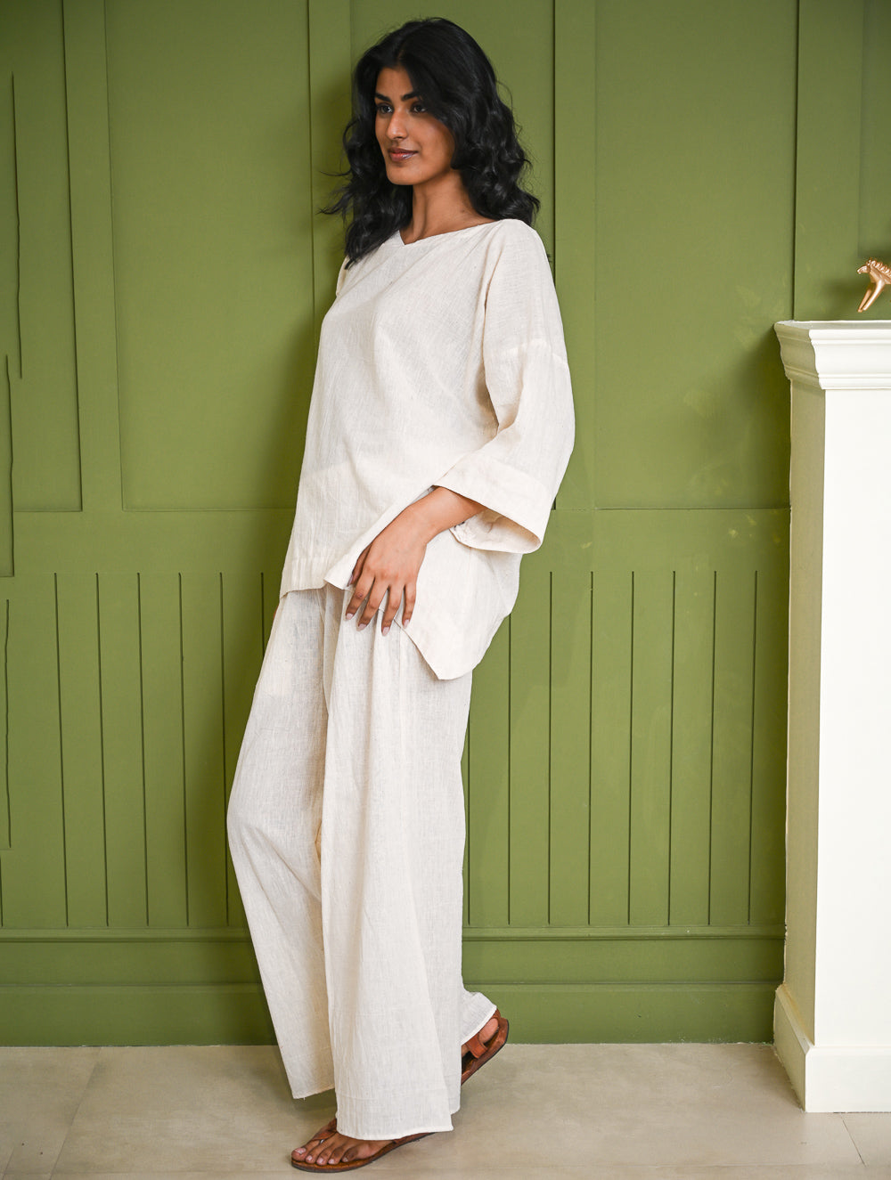 Cool Casuals. Hand Woven Kala Cotton Loose Fit Pants Set - Cream Vibes (Set of 2)