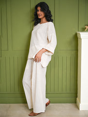 Cool Casuals. Hand Woven Kala Cotton Loose Fit Pants Set - Cream Vibes (Set of 2)