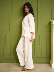 Cool Casuals. Hand Woven Kala Cotton Loose Fit Pants Set - Cream Vibes (Set of 2)