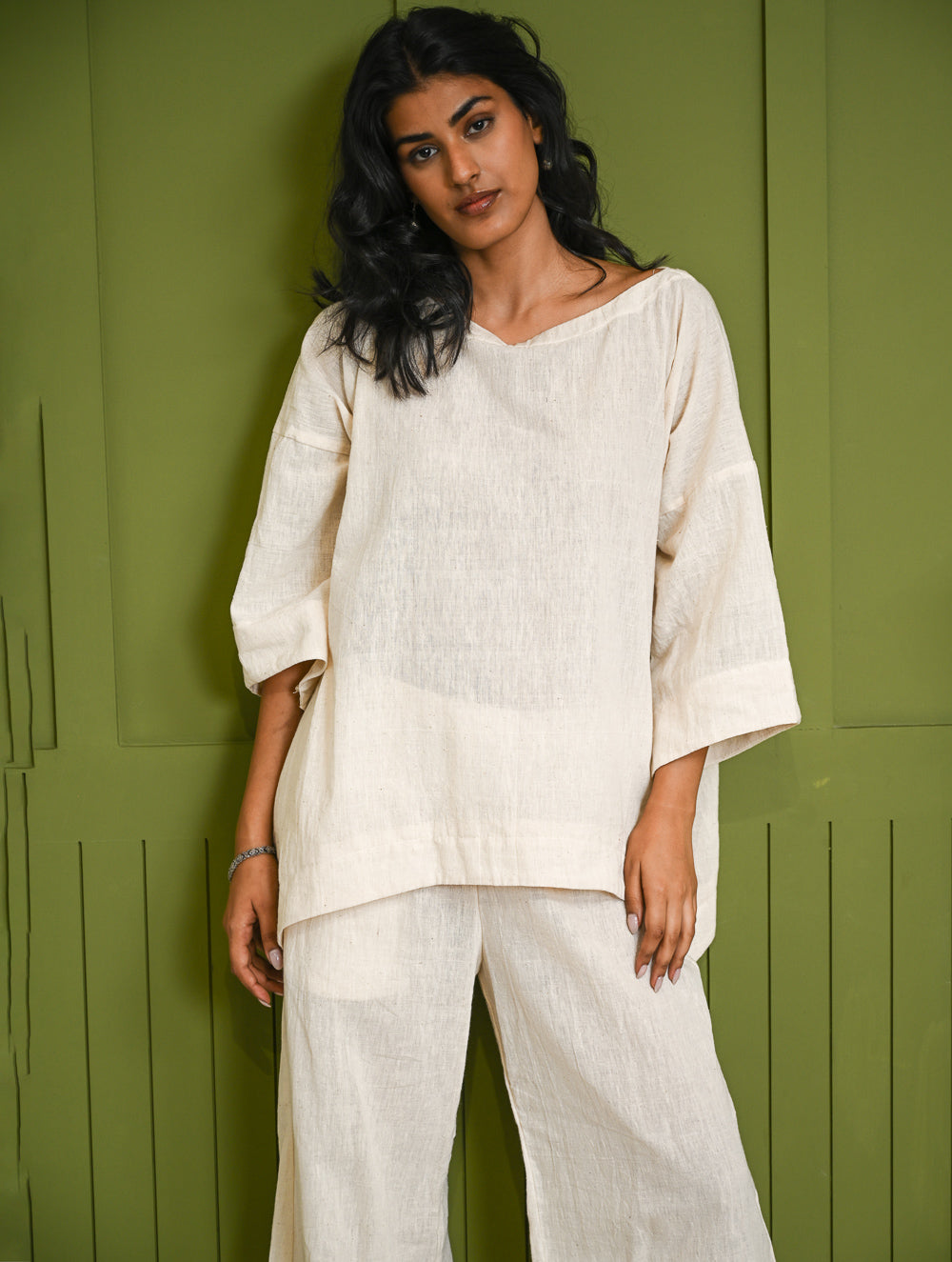 Cool Casuals. Hand Woven Kala Cotton Loose Fit Pants Set - Cream Vibes (Set of 2)