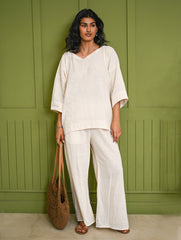 Cool Casuals. Hand Woven Kala Cotton Loose Fit Pants Set - Cream Vibes (Set of 2)