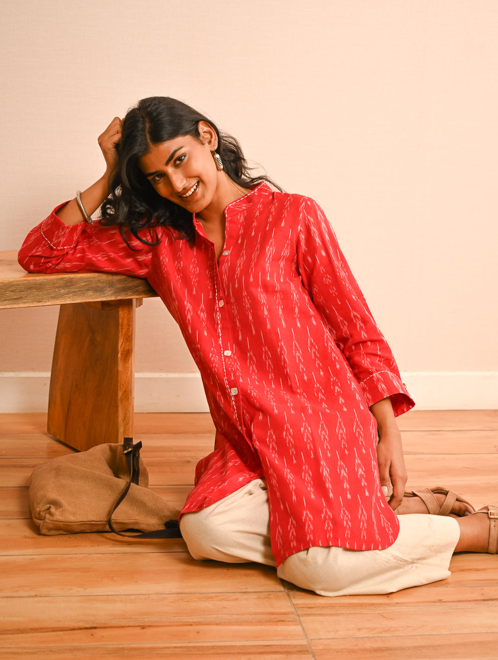 Work Chic. Handwoven Ikat Shirt & Kala Cotton Palazzo Set - Fire & Ice (Set of 2)