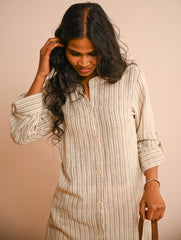 Work Chic. Handwoven Kala Cotton Long Shirt & Pants Set - Cream Lines (Set of 2)