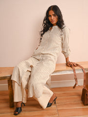 Work Chic. Handwoven Kala Cotton Long Shirt & Pants Set - Cream Lines (Set of 2)