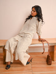 Work Chic. Handwoven Kala Cotton Long Shirt & Pants Set - Cream Lines (Set of 2)
