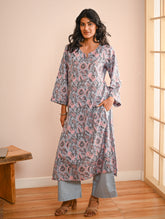 Work Chic. Sanganer Block Printed Loose Fit Cotton Kurta Set - Grey Flora (Set of 2)