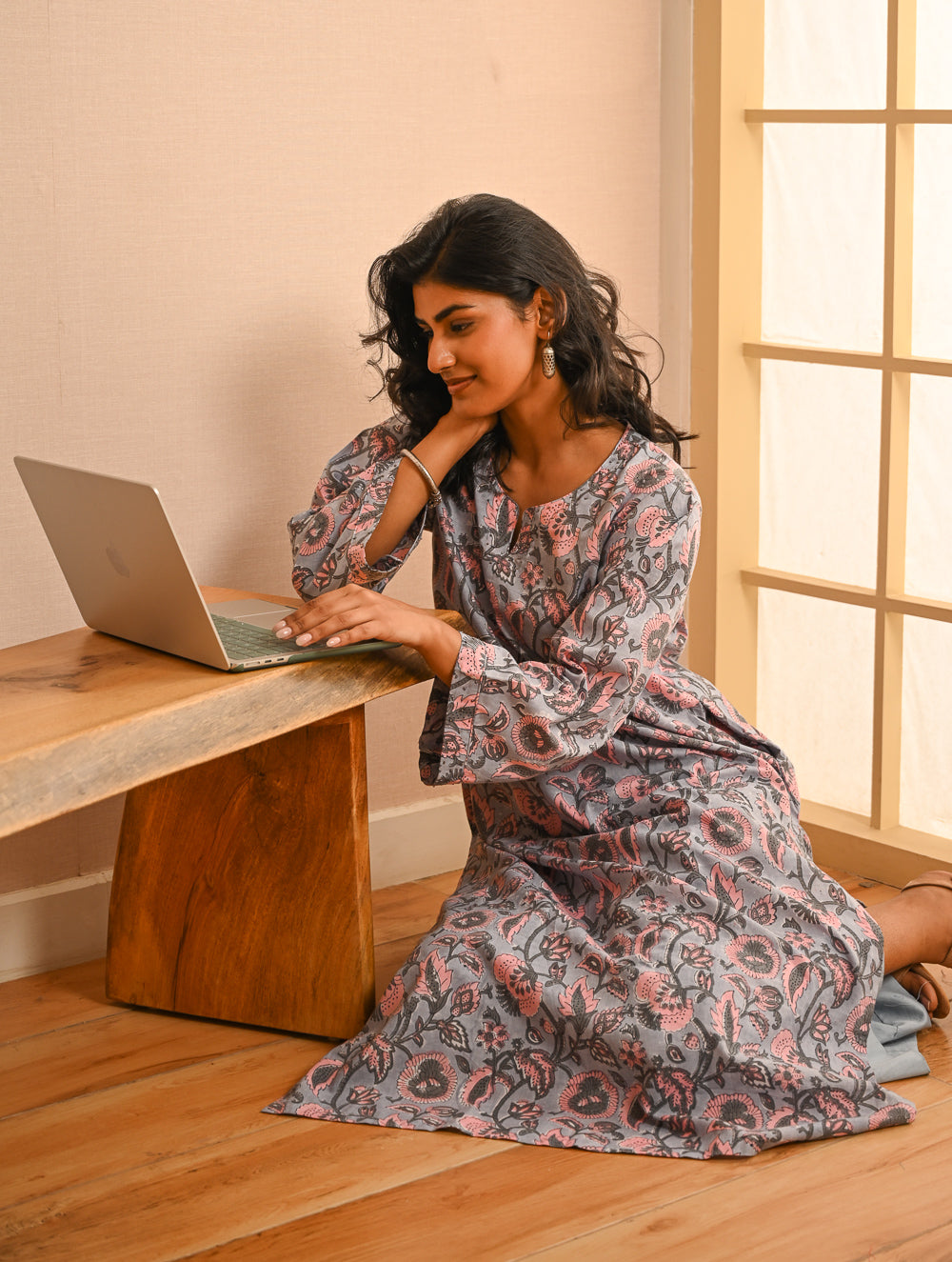 Work Chic. Sanganer Block Printed Loose Fit Cotton Kurta Set - Grey Flora (Set of 2)