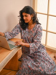 Work Chic. Sanganer Block Printed Loose Fit Cotton Kurta Set - Grey Flora (Set of 2)