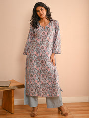 Work Chic. Sanganer Block Printed Loose Fit Cotton Kurta Set - Grey Flora (Set of 2)