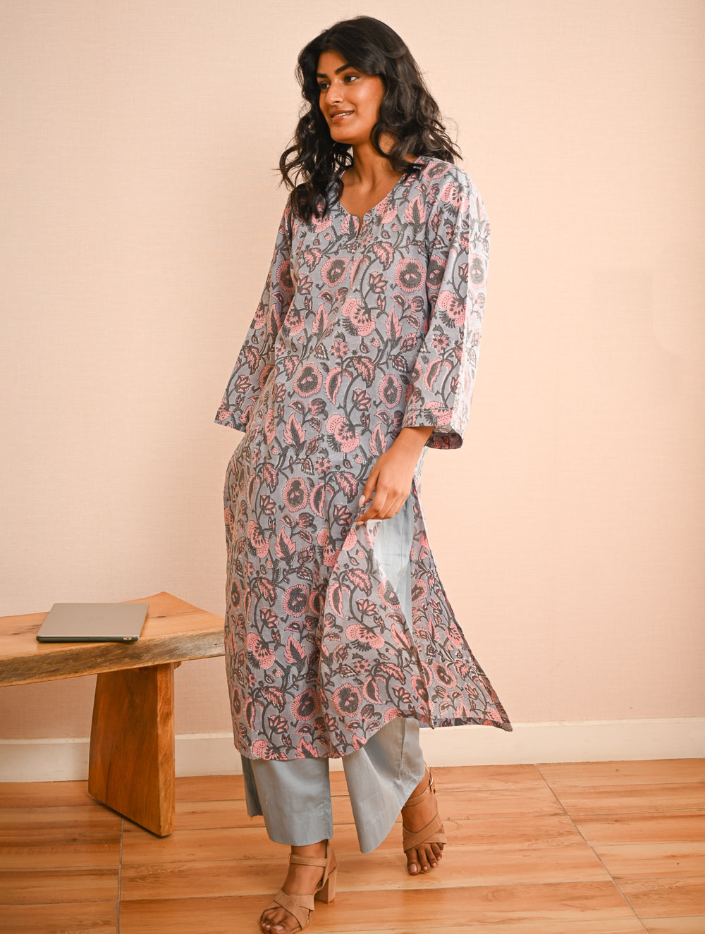 Work Chic. Sanganer Block Printed Loose Fit Cotton Kurta Set - Grey Flora (Set of 2)