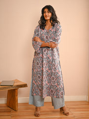 Work Chic. Sanganer Block Printed Loose Fit Cotton Kurta Set - Grey Flora (Set of 2)