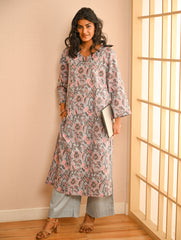 Work Chic. Sanganer Block Printed Loose Fit Cotton Kurta Set - Grey Flora (Set of 2)